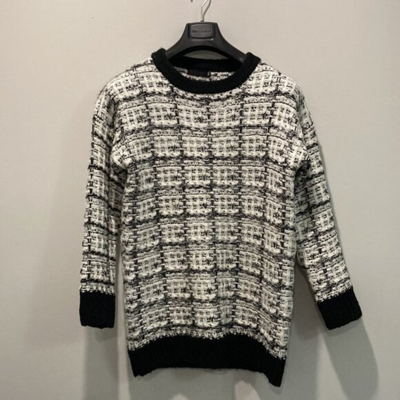 WOOL Knit White Black Tweed Crew Neck Sweater - Picture 4 of 12